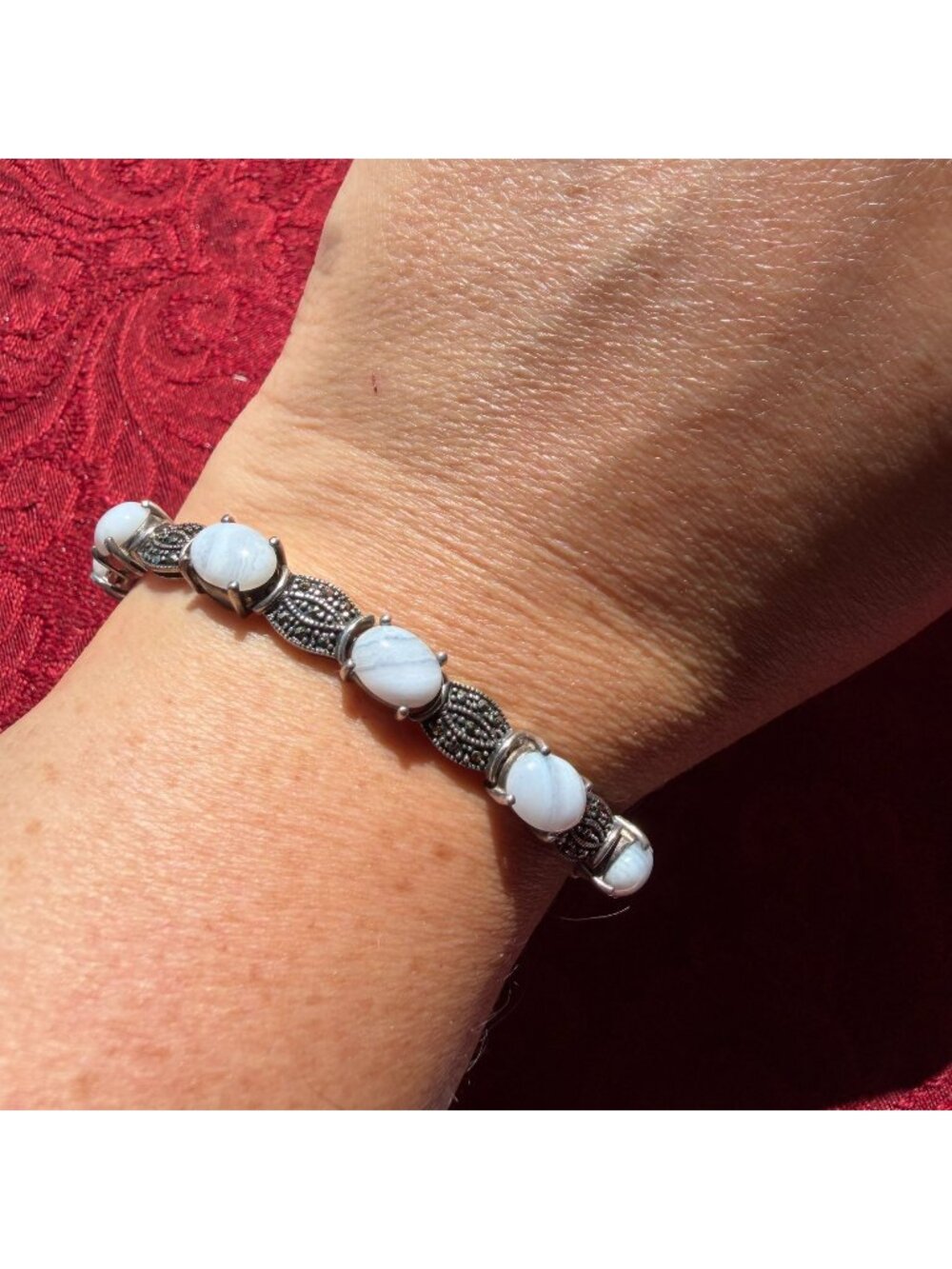 Vintage 925 Sterling Silver Blue Lace Agate Marcasite Link Bracelet Safety Chain